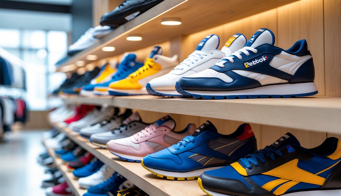 Deretan sepatu Reebok berwarna-warni tertata rapi di rak kayu dalam sebuah toko dengan pencahayaan terang.