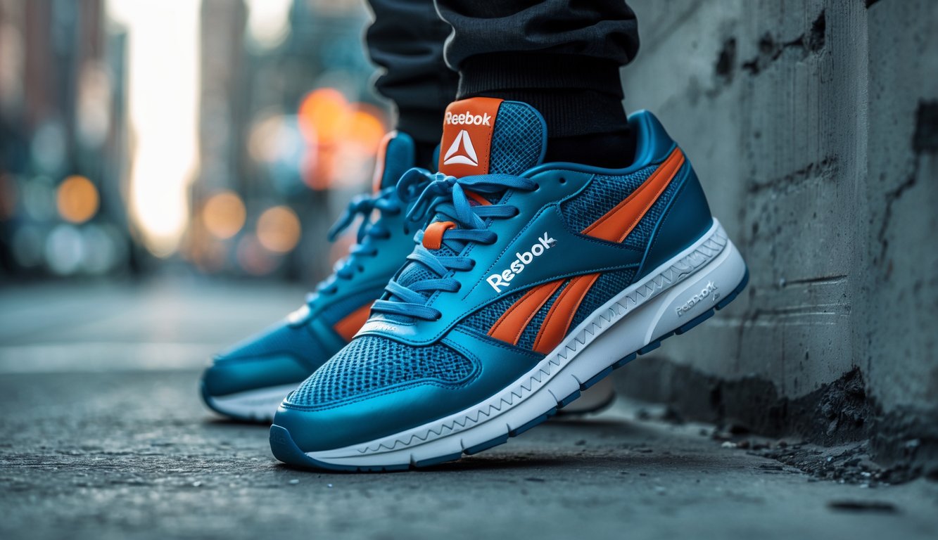 Sepasang sepatu Reebok diletakkan di permukaan beton dengan latar belakang kota yang samar.