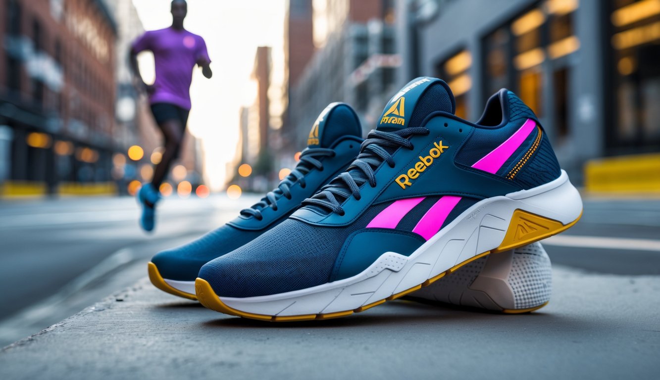Sepasang sepatu Reebok diletakkan di permukaan beton dengan latar belakang jalan kota dan seseorang sedang berlari.