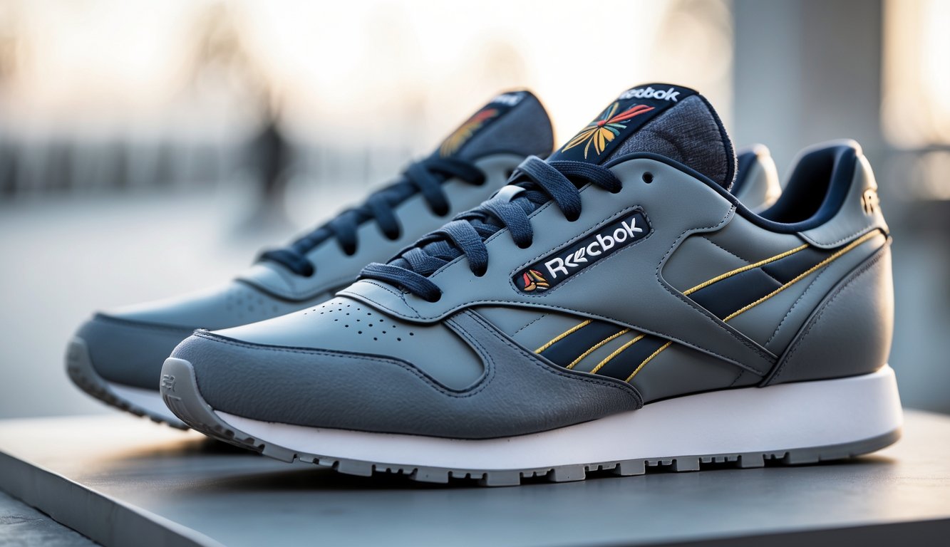 Sepasang sepatu Reebok modern dan stylish yang ditampilkan di atas permukaan bersih dengan latar belakang buram.