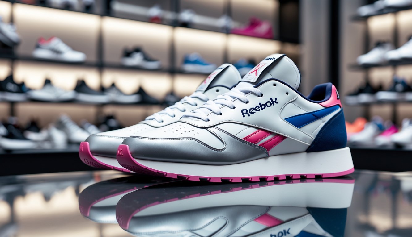 Sepasang sepatu Reebok yang stylish dipajang di toko olahraga modern dengan latar belakang rak sepatu atletik.