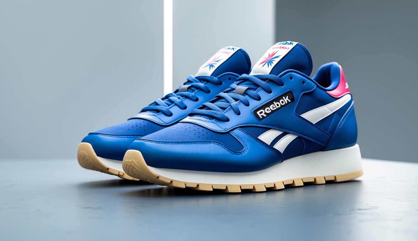 Sepasang sepatu Reebok yang ditampilkan dengan jelas di atas permukaan bersih dengan latar belakang minimalis.