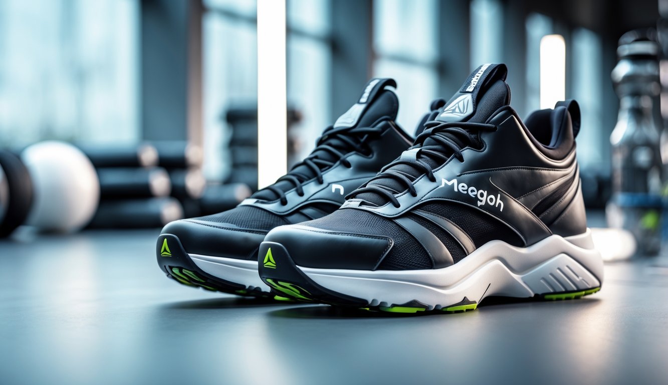 Sepasang sepatu Reebok Megah yang terlihat modern dan berkualitas tinggi, diletakkan di atas permukaan bersih dengan latar belakang yang menunjukkan suasana olahraga.