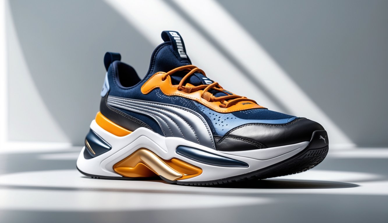 Sepasang sepatu Puma terbaru dengan desain sporty dan elegan, ditampilkan dengan latar belakang minimalis.