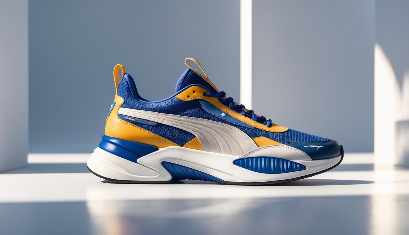 Sepasang sepatu Puma modern berdesain sporty dan elegan dengan latar belakang minimalis.