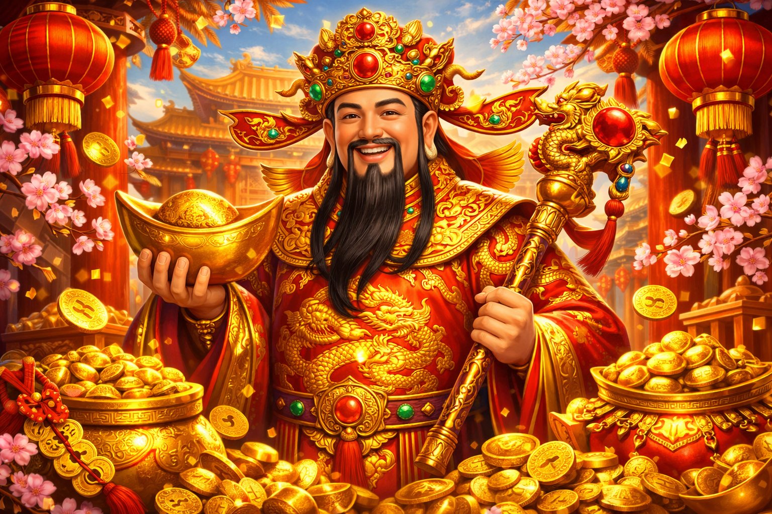A Chinese God Of Wealth In Traditional Robes Surrounded By Gold Coins, Red Lanterns, And Cherry Blossoms In Front Of An Ancient Temple.