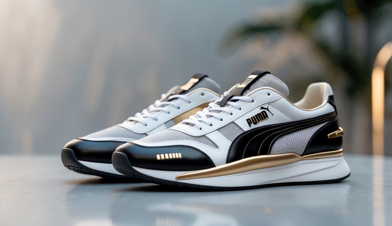 Sepasang sepatu Puma mewah dan modern diletakkan di permukaan bersih dengan latar belakang netral.