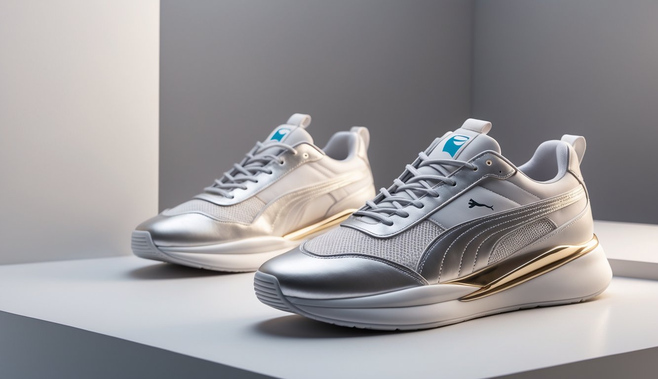 Sepasang sepatu Puma modern dengan desain mewah dan detail yang jelas, diletakkan di atas permukaan minimalis dengan latar belakang netral.