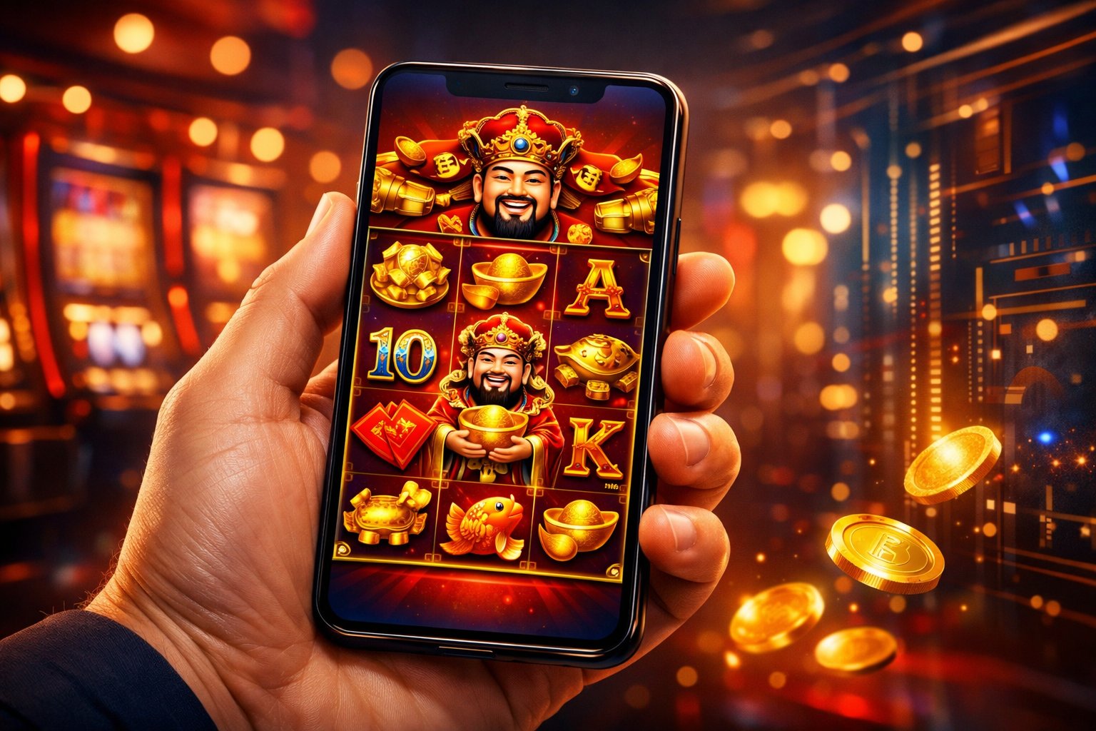 A Hand Holding A Smartphone Showing Colorful Slot Game Reels With ChineseThemed Symbols And A CasinoLike Background.