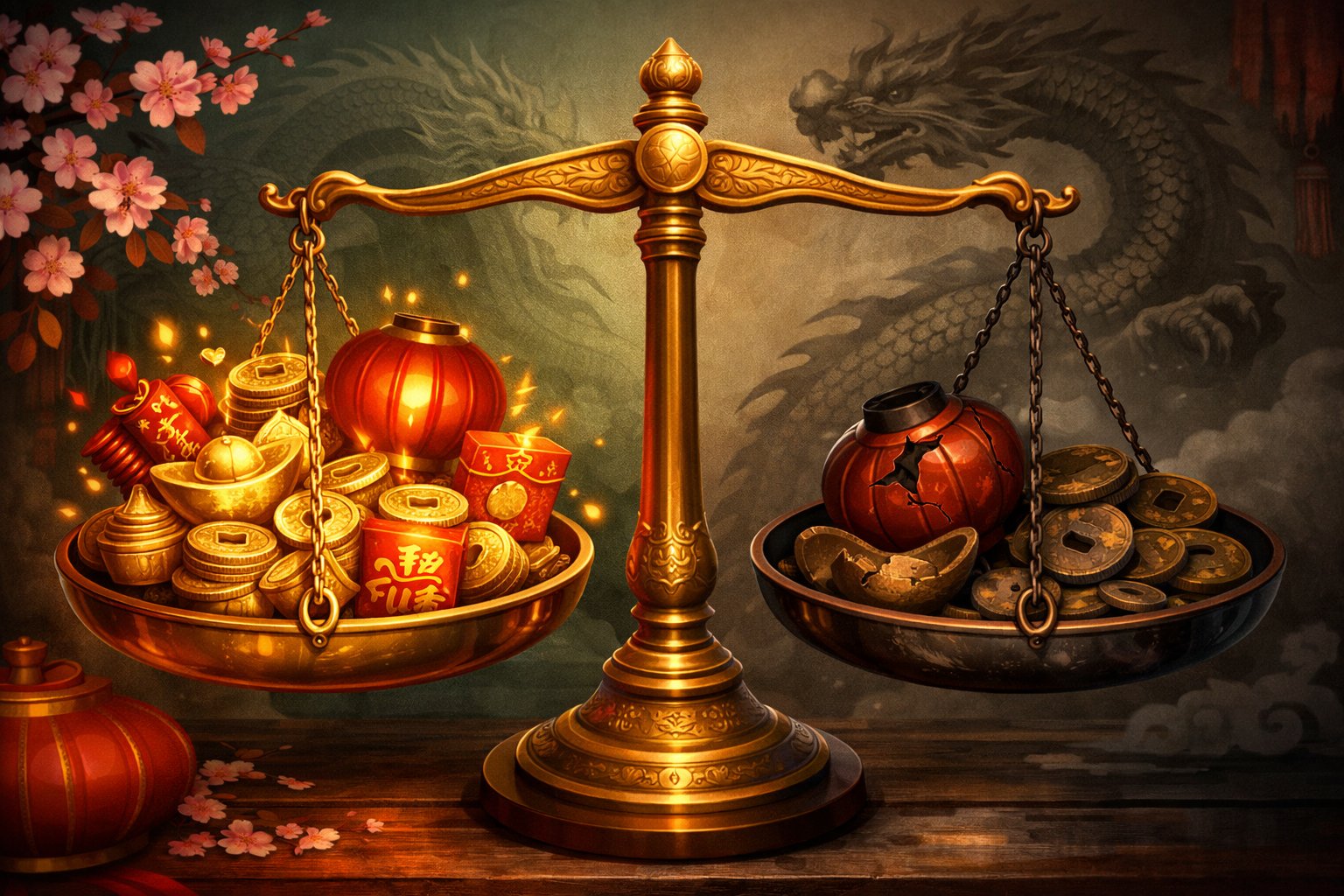 A Balanced Scale Showing Golden Coins And Chinese Lucky Symbols On One Side And Faded Coins And Broken Lantern On The Other, Set Against A Background With Cherry Blossoms And A Dragon.