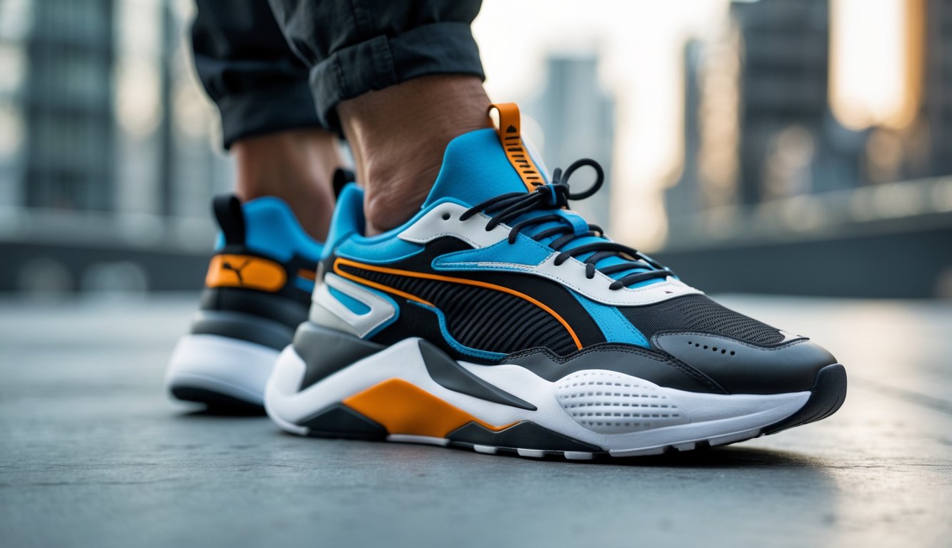 Sepasang sepatu Puma Megah untuk pria diletakkan di permukaan dengan latar belakang kota.