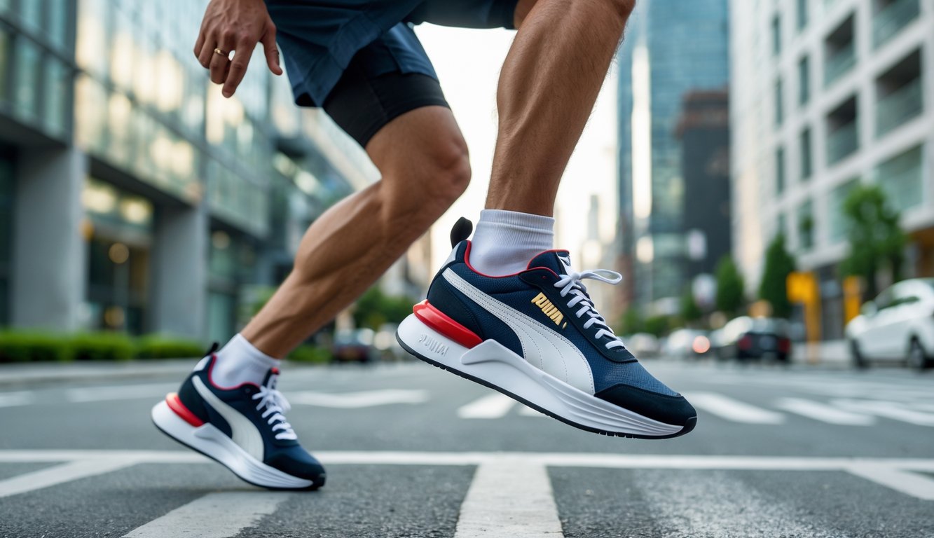 Seorang pria muda sedang berjalan cepat di jalan kota memakai sepatu Puma yang stylish.