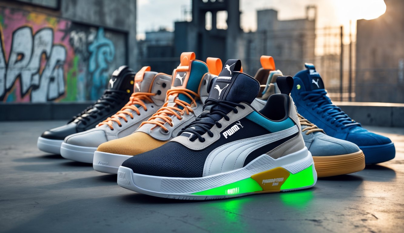 Koleksi sepatu Puma terbaru ditampilkan di atas permukaan beton dengan latar belakang kota dan grafiti.