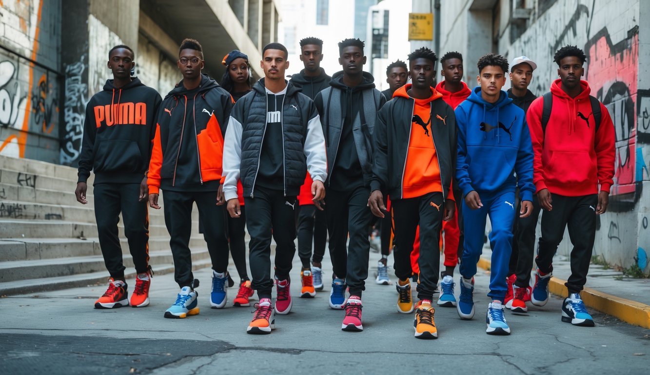 Sekelompok orang muda di lingkungan perkotaan memakai sepatu Puma terbaru dengan desain modern dan warna mencolok.