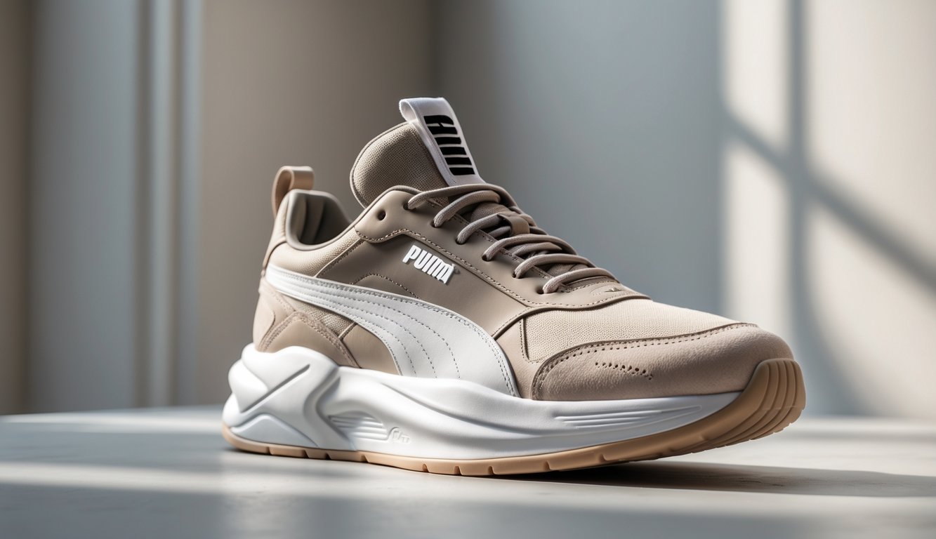 Sepasang sepatu Puma asli dengan desain modern dan bahan berkualitas diletakkan di atas permukaan bersih dengan pencahayaan lembut.