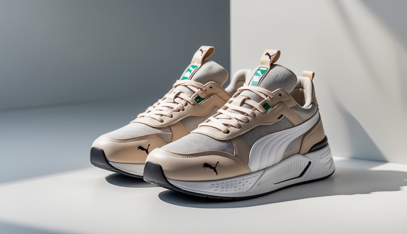 Sepasang sepatu Puma asli dengan bahan berkualitas tinggi diletakkan di latar belakang bersih.