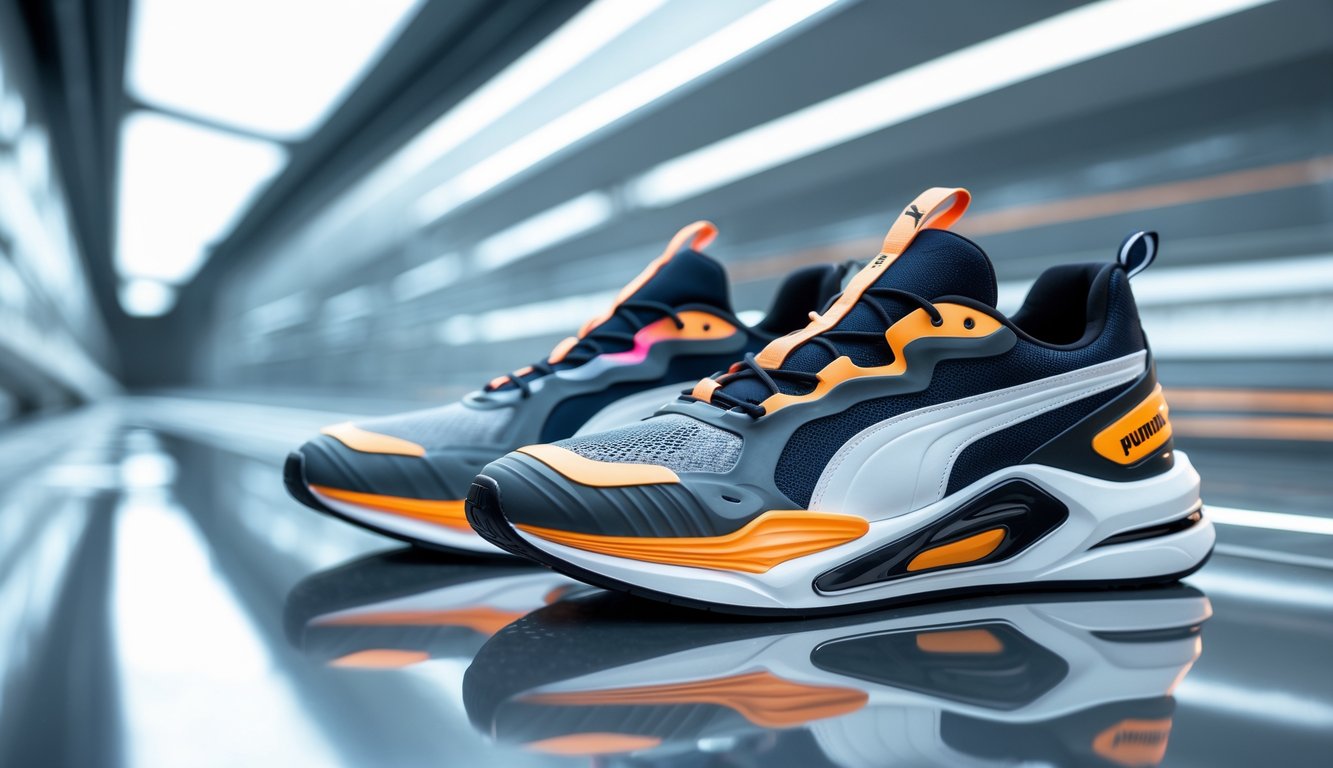 Sepasang sepatu lari Puma dengan desain sporty dan futuristik diletakkan di atas permukaan reflektif dalam lingkungan olahraga modern.