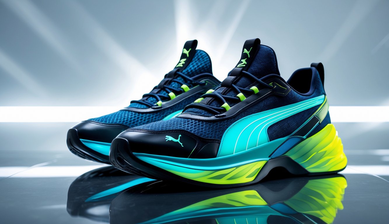 Sepasang sepatu lari Puma dengan desain sporty dan futuristik diletakkan di atas permukaan reflektif dengan latar belakang modern.
