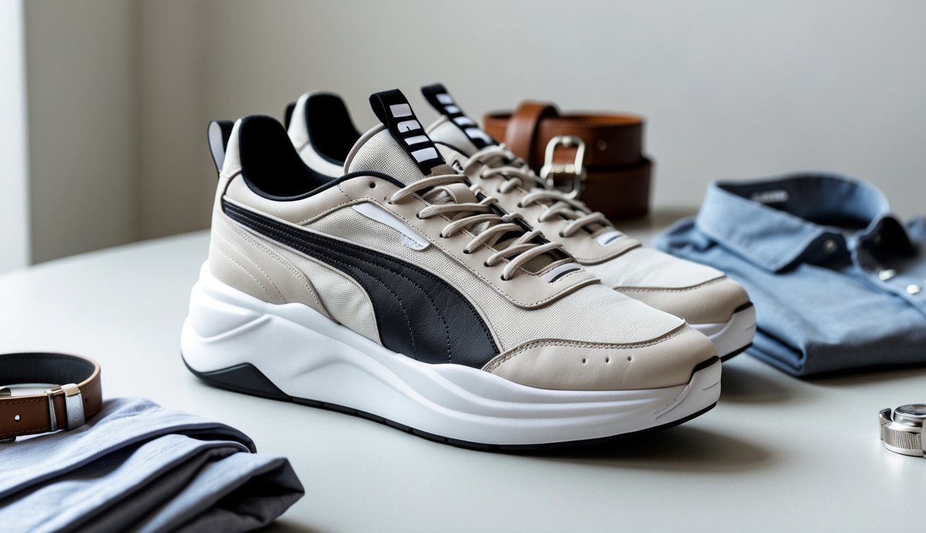 Sepasang sepatu Puma Megah diletakkan di atas permukaan bersih dengan aksesori pakaian di sekitarnya.