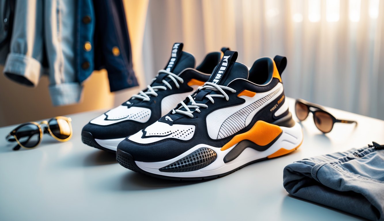 Sepasang sepatu Puma Megah diletakkan di atas permukaan dengan beberapa aksesori pakaian kasual dan semi formal di sekitarnya.