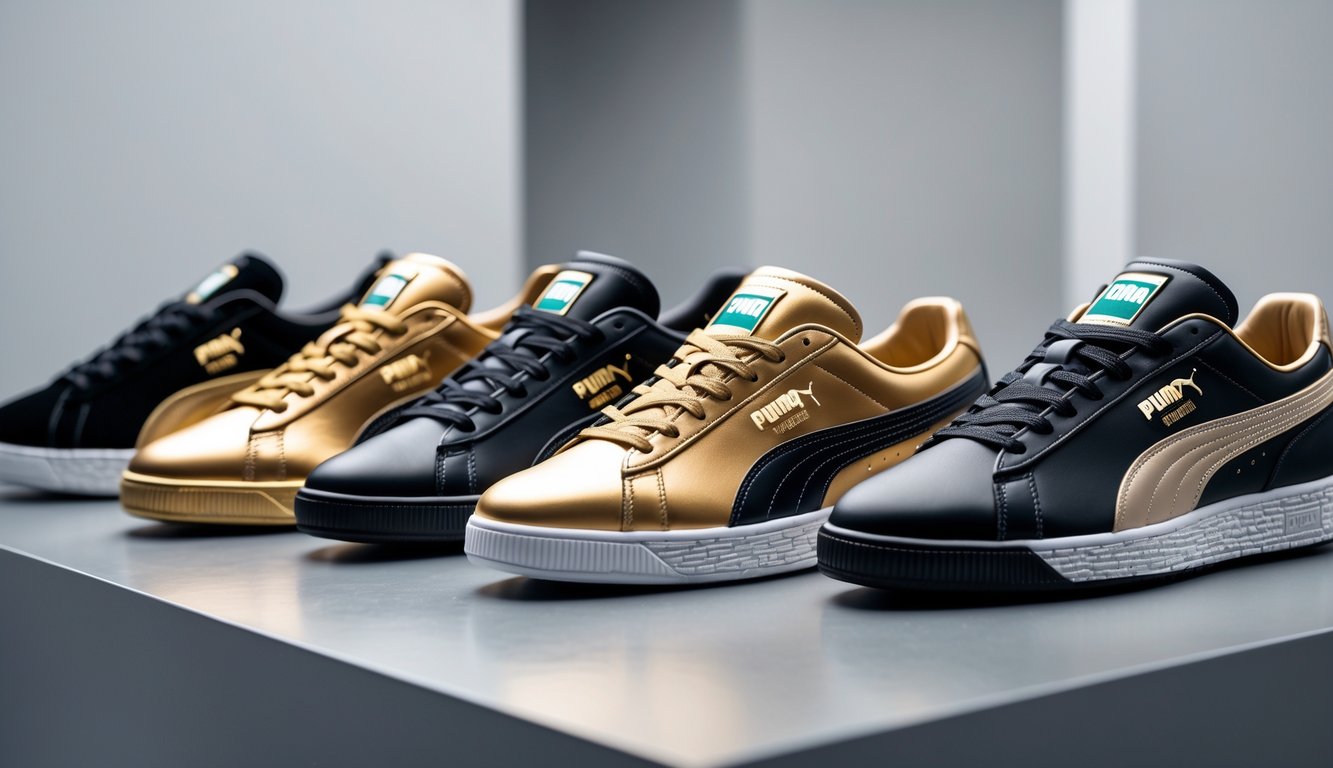 Beberapa sepatu Puma edisi terbatas yang diletakkan rapi di atas permukaan modern dengan latar belakang minimalis.