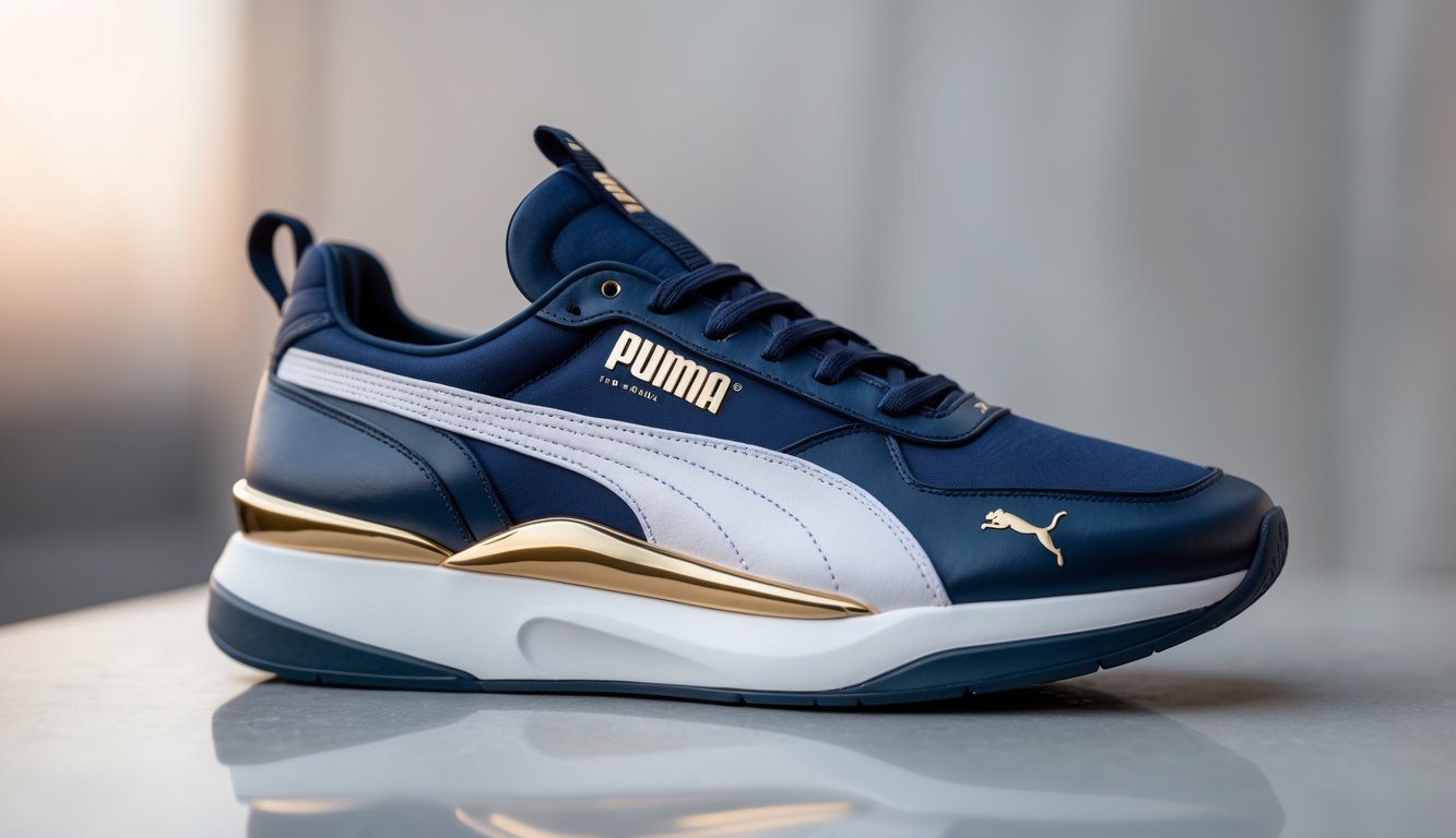 Sepasang sepatu Puma berwarna elegan diletakkan di atas permukaan bersih dengan latar belakang netral.