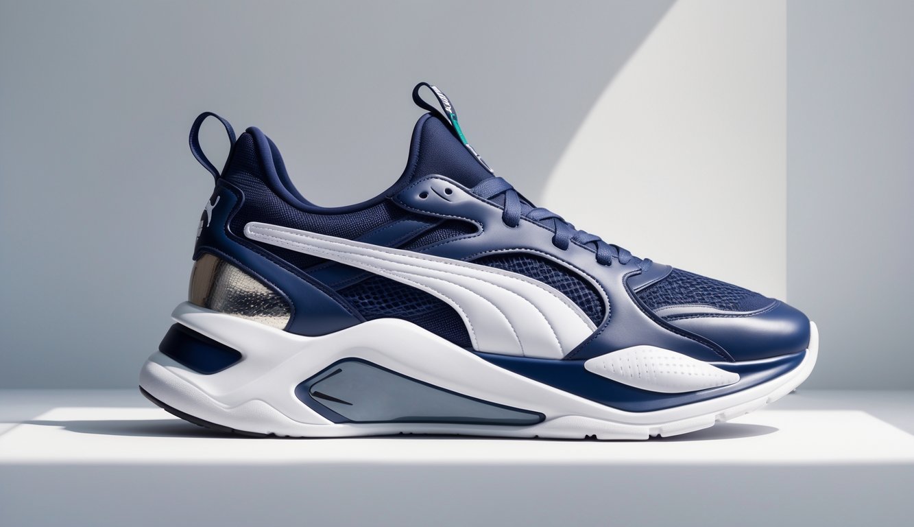 Sepasang sepatu Puma terbaru dengan kombinasi warna elegan ditampilkan di latar belakang bersih.