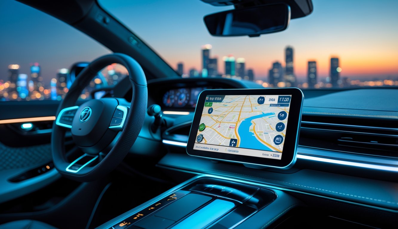 Dashboard mobil modern dengan perangkat GPS yang menampilkan peta digital dan indikator keamanan anti maling, latar belakang kota di waktu senja.
