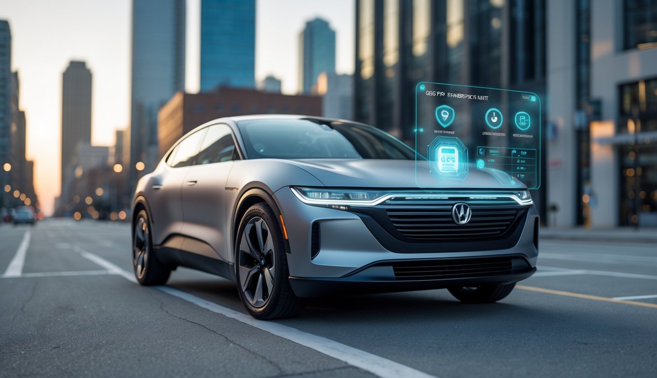 Mobil modern dengan tampilan antarmuka GPS real-time dan fitur keamanan anti maling di latar kota.