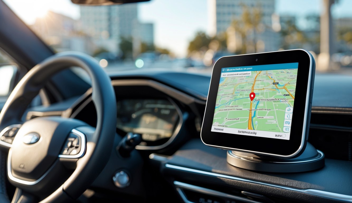 Interior mobil dengan perangkat GPS yang menampilkan peta digital dan pelacakan lokasi secara real-time.