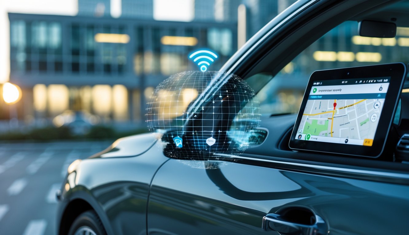 Mobil modern di area perkotaan dengan ilustrasi sinyal GPS yang menghubungkan mobil, menunjukkan teknologi keamanan kendaraan.