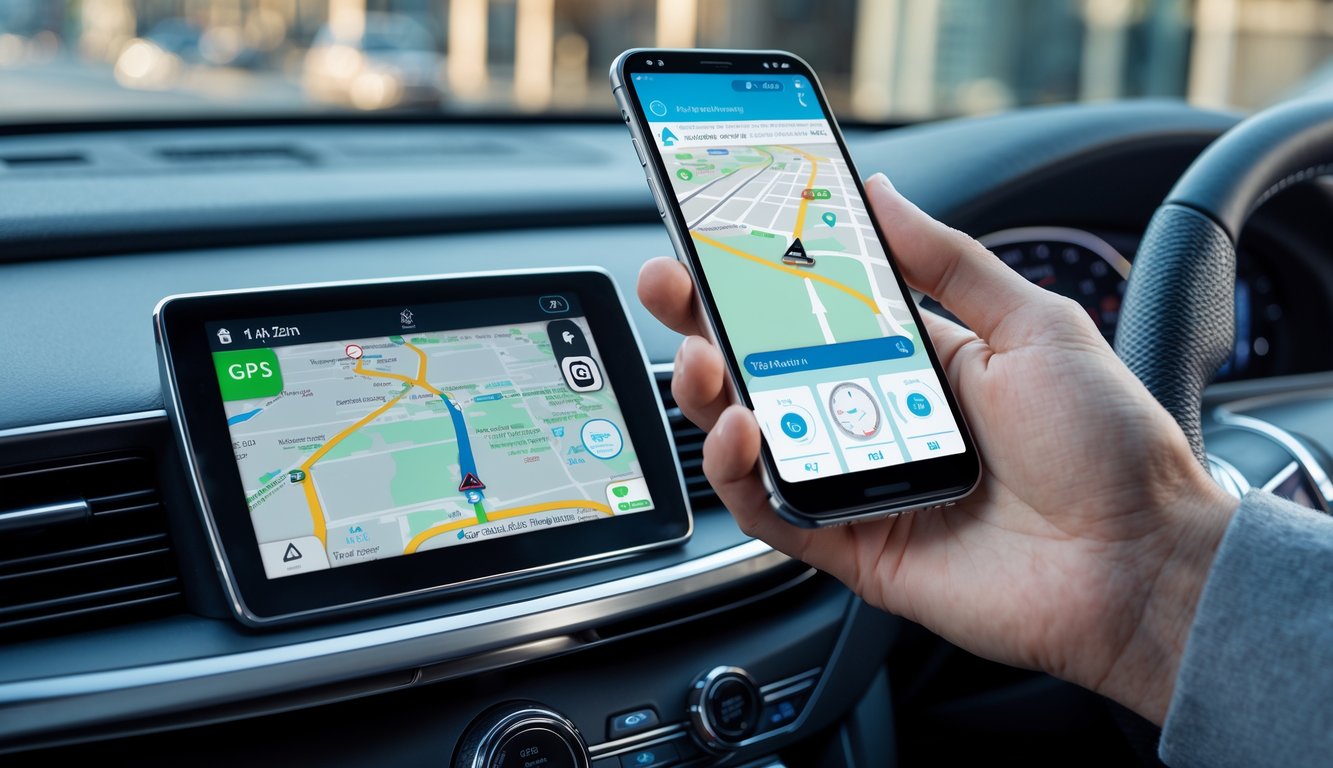 Seorang pengemudi menggunakan sistem GPS mobil dan aplikasi pemantauan di ponsel saat mengemudi di jalan perkotaan.