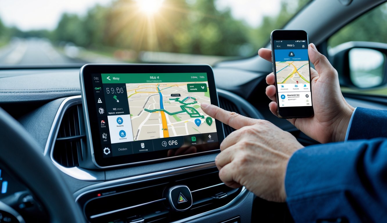Interior mobil dengan layar GPS yang menampilkan peta dan rute, tangan pengemudi menyentuh layar, dan ponsel dengan aplikasi pemantauan GPS terlihat di sampingnya.