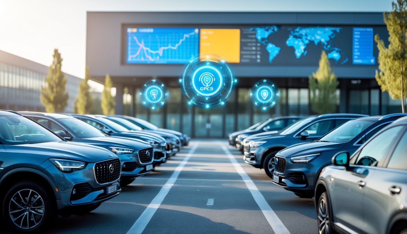 Beberapa mobil perusahaan modern dengan ikon GPS melayang di atasnya, di depan gedung kantor dengan layar peta dan data pelacakan armada.