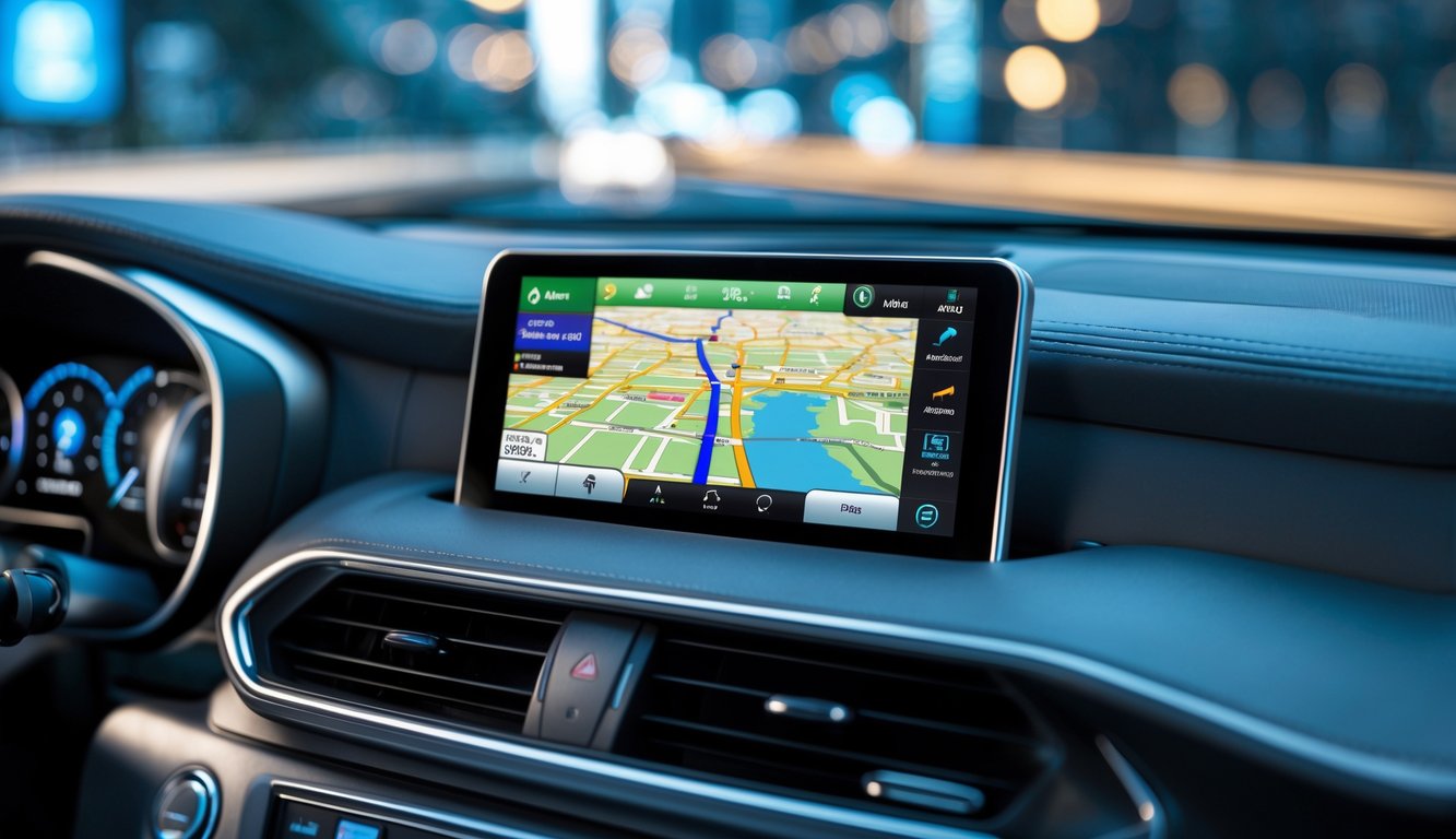 Dasbor mobil modern dengan sistem navigasi GPS yang menampilkan peta dan petunjuk arah, dengan latar belakang pemandangan jalan atau kota yang samar.
