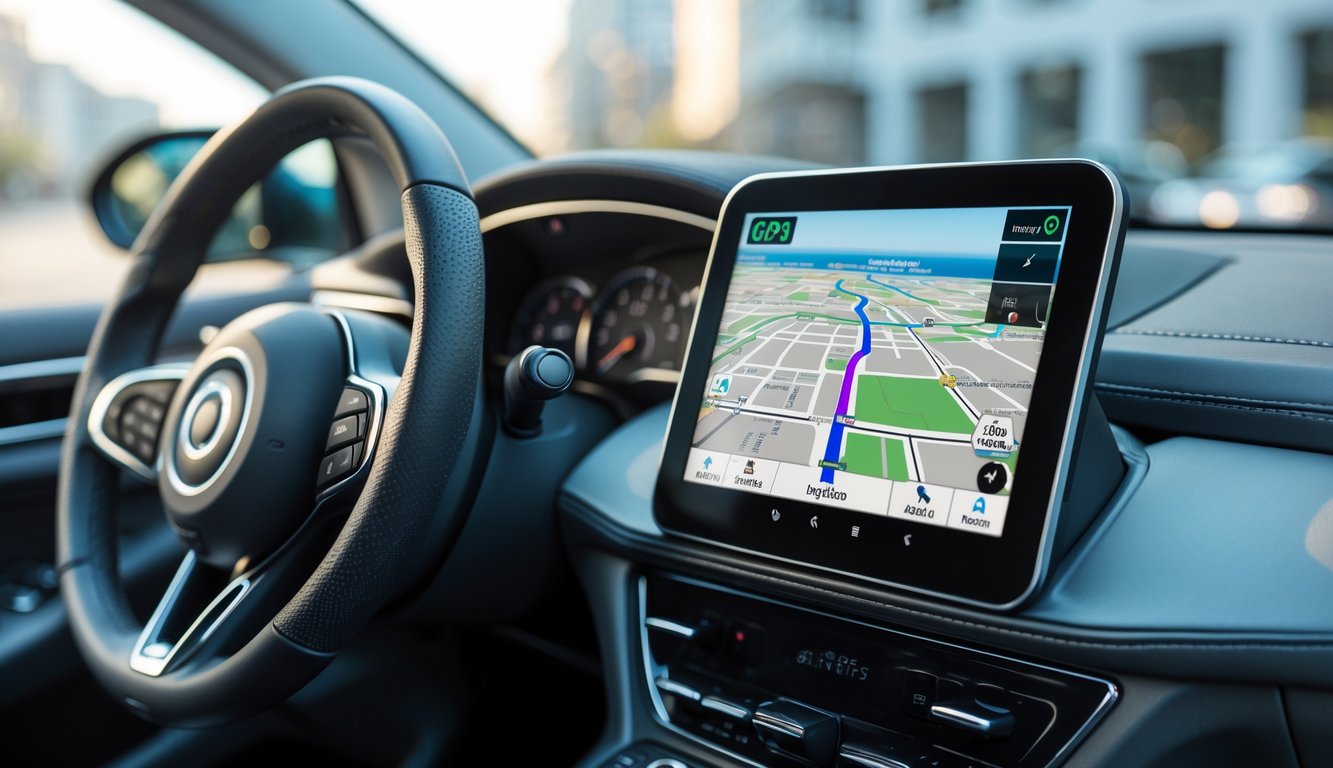 Tampilan dalam mobil modern dengan sistem navigasi GPS yang menunjukkan peta dan rute di layar, bagian interior mobil terlihat jelas.
