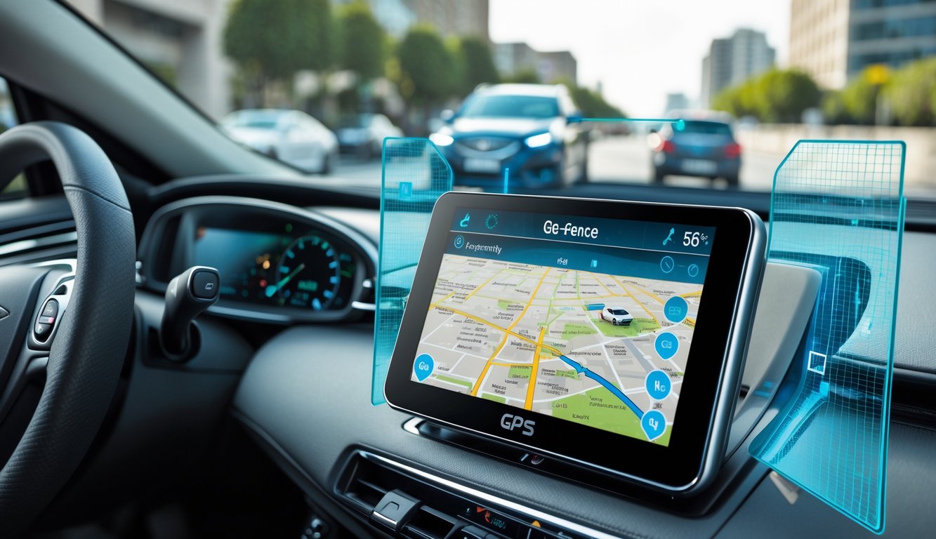 Dashboard mobil modern dengan perangkat GPS menampilkan peta digital dan batas geo-fence, mobil terlihat di jalan perkotaan.