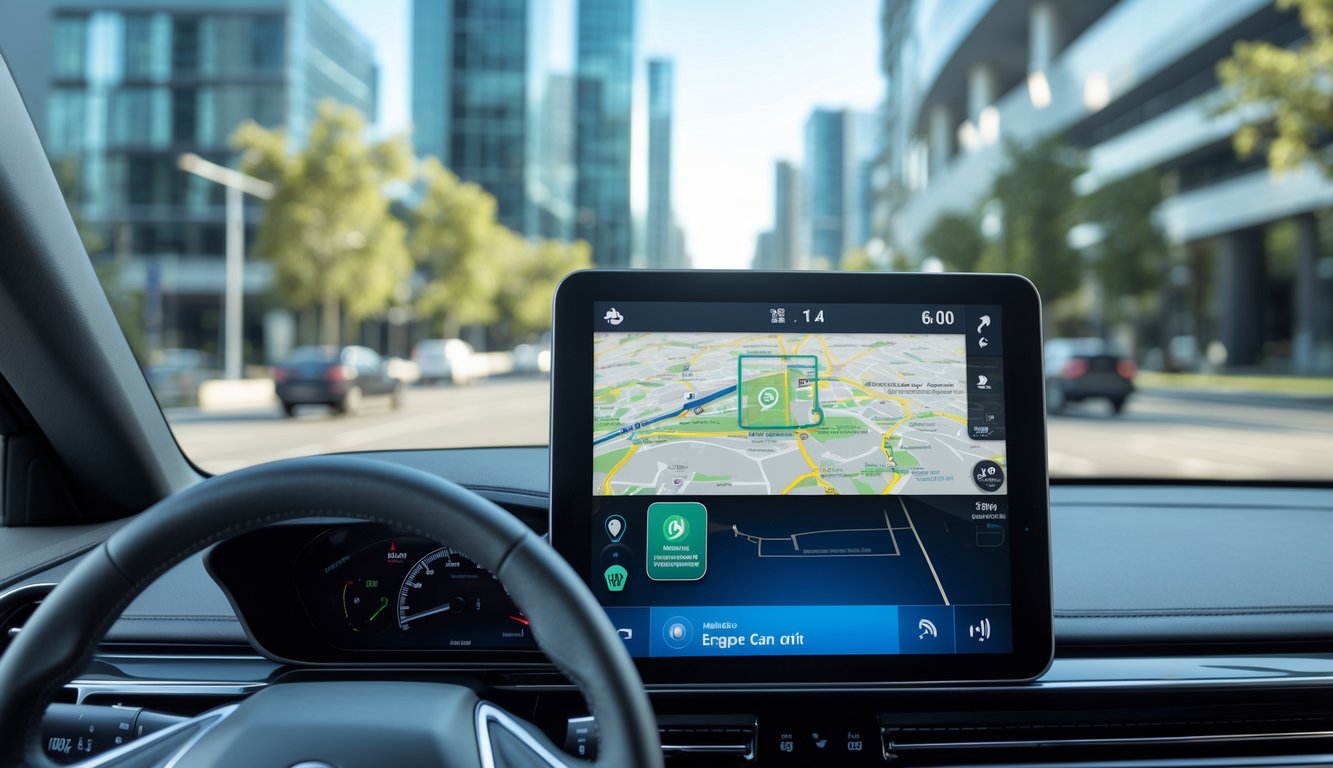 Dashboard mobil modern dengan layar GPS yang menampilkan peta dan fitur geo-fence serta engine cut off.