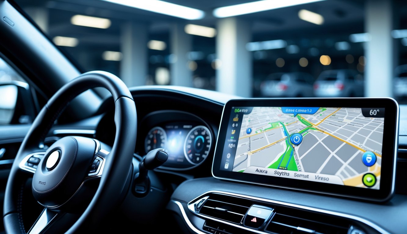 Interior mobil modern dengan layar GPS yang menampilkan peta dan pelacakan lokasi, menunjukkan teknologi keamanan kendaraan.
