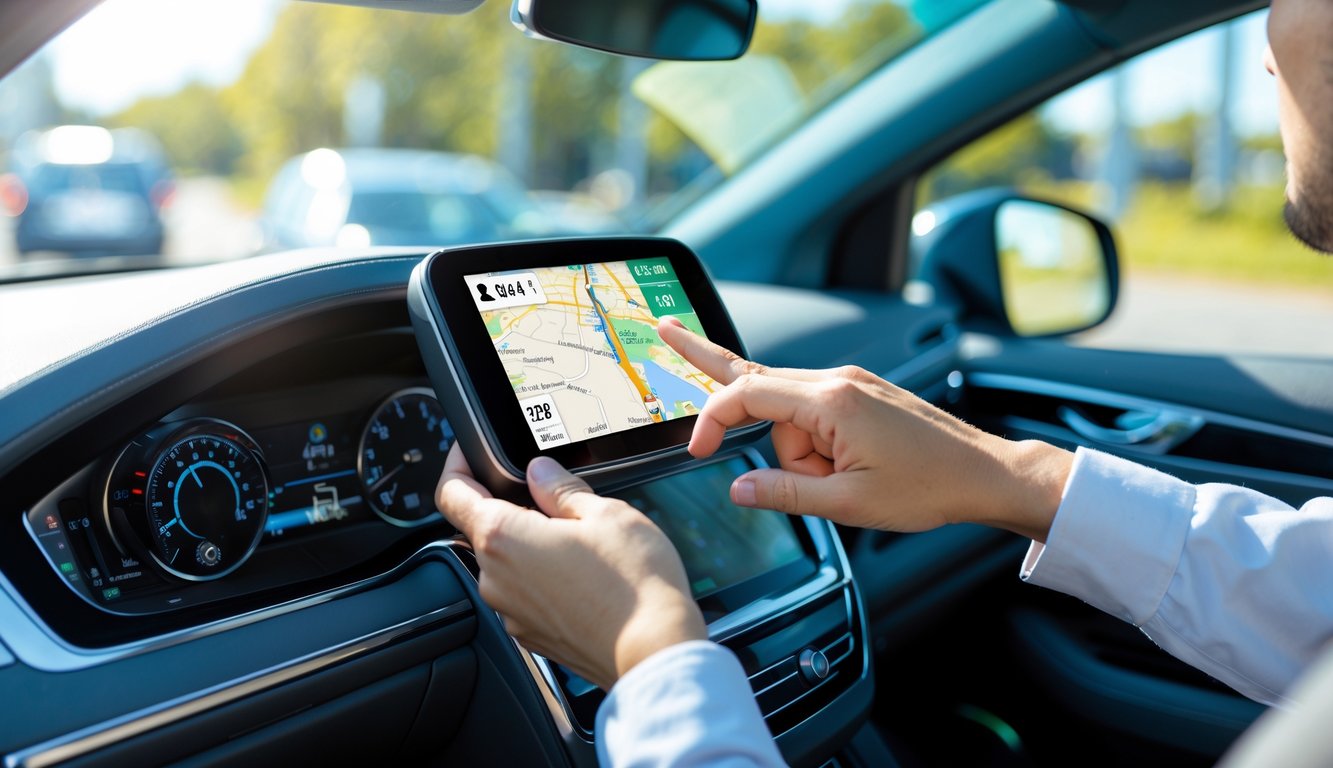 Dashboard mobil modern dengan perangkat GPS yang menampilkan peta navigasi, tangan seseorang sedang menyentuh layar GPS di dalam mobil yang terang dan bersih.