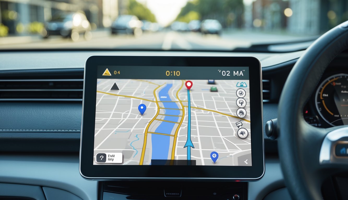 Tampilan dalam mobil modern dengan sistem navigasi GPS yang menampilkan peta dan rute perjalanan di layar.