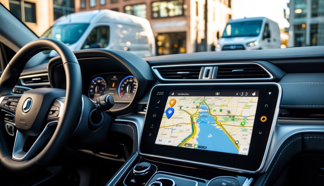 Dasbor mobil modern dengan sistem navigasi GPS yang menampilkan peta dan rute, terlihat kendaraan niaga di latar belakang melalui kaca depan.