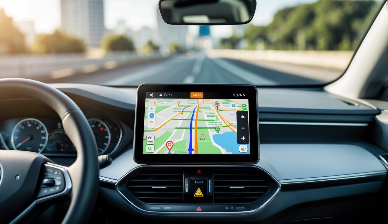 Dashboard mobil modern dengan sistem navigasi GPS yang aktif menampilkan peta dan rute perjalanan.