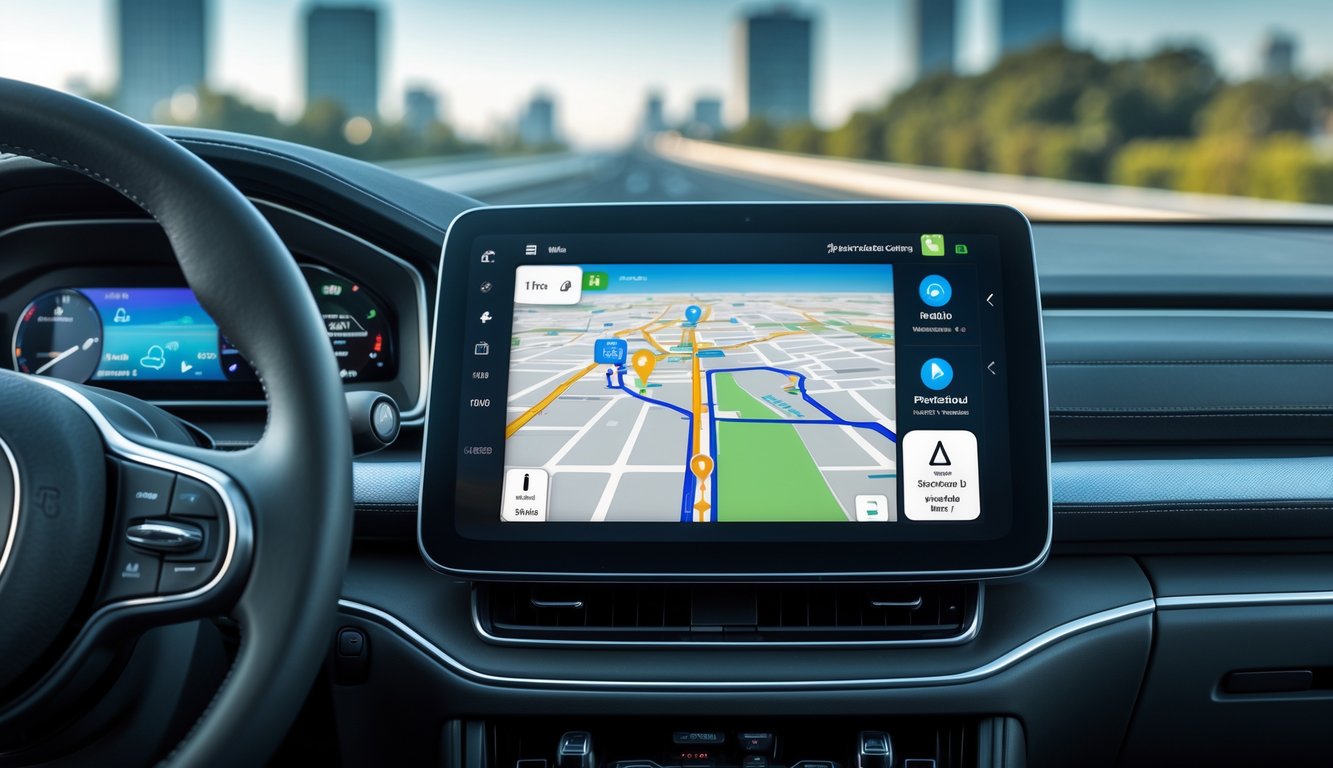 Tampilan dalam mobil dengan layar GPS yang menunjukkan peta navigasi dan notifikasi otomatis saat berkendara.
