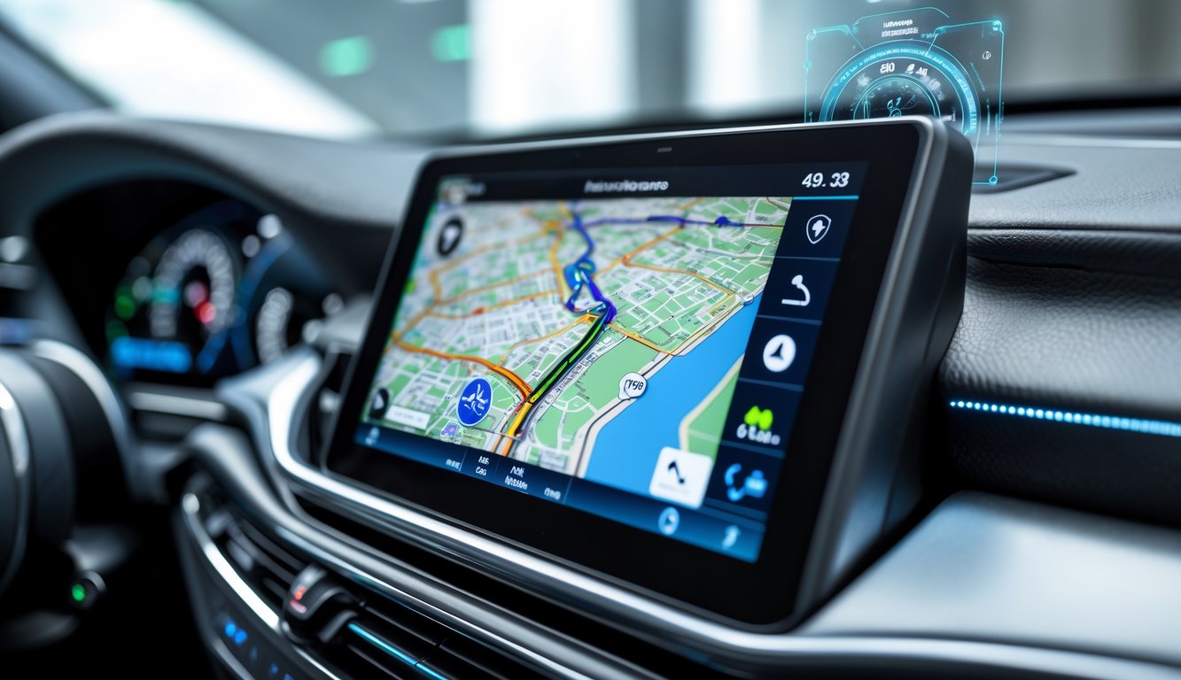 Dashboard mobil modern dengan layar GPS yang menampilkan peta dan petunjuk arah secara akurat.