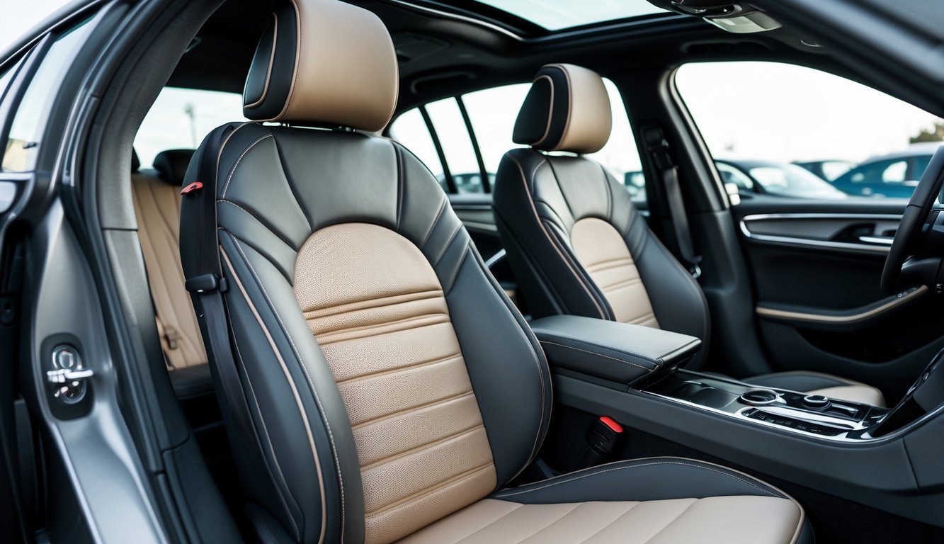 Interior mobil dengan jok mobil yang elegan dan nyaman, menampilkan desain jok yang modern dan berkualitas tinggi.
