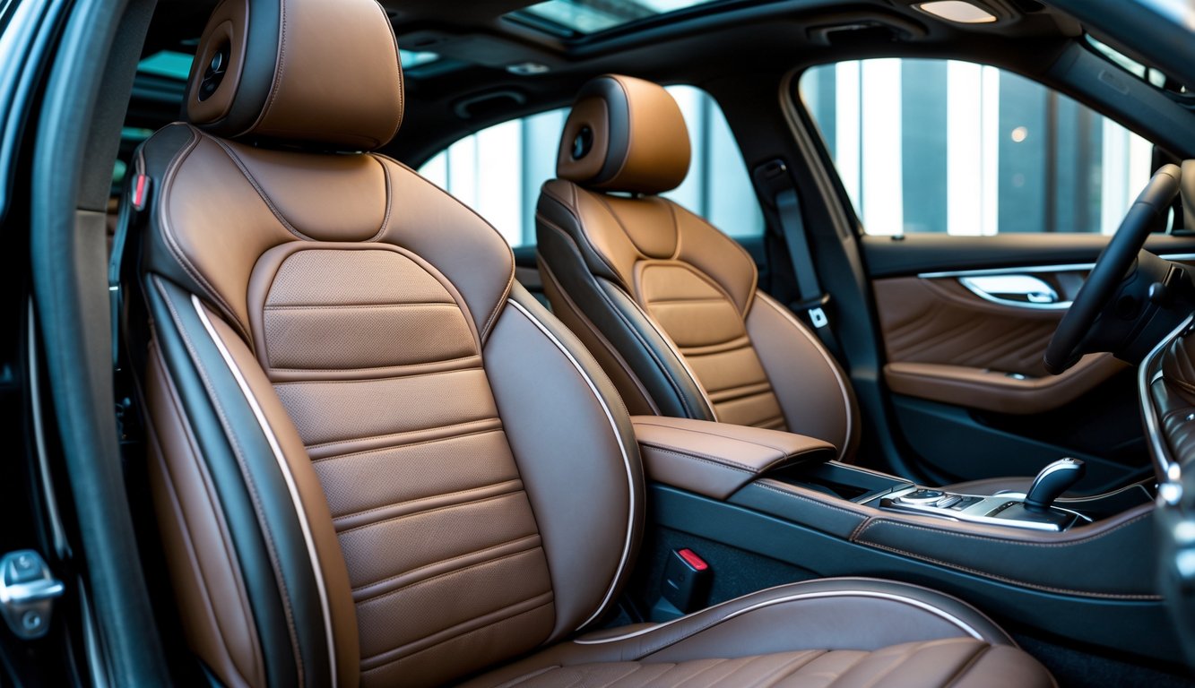 Foto kursi mobil dengan jok kulit mewah berwarna gelap di dalam interior mobil yang modern dan elegan.