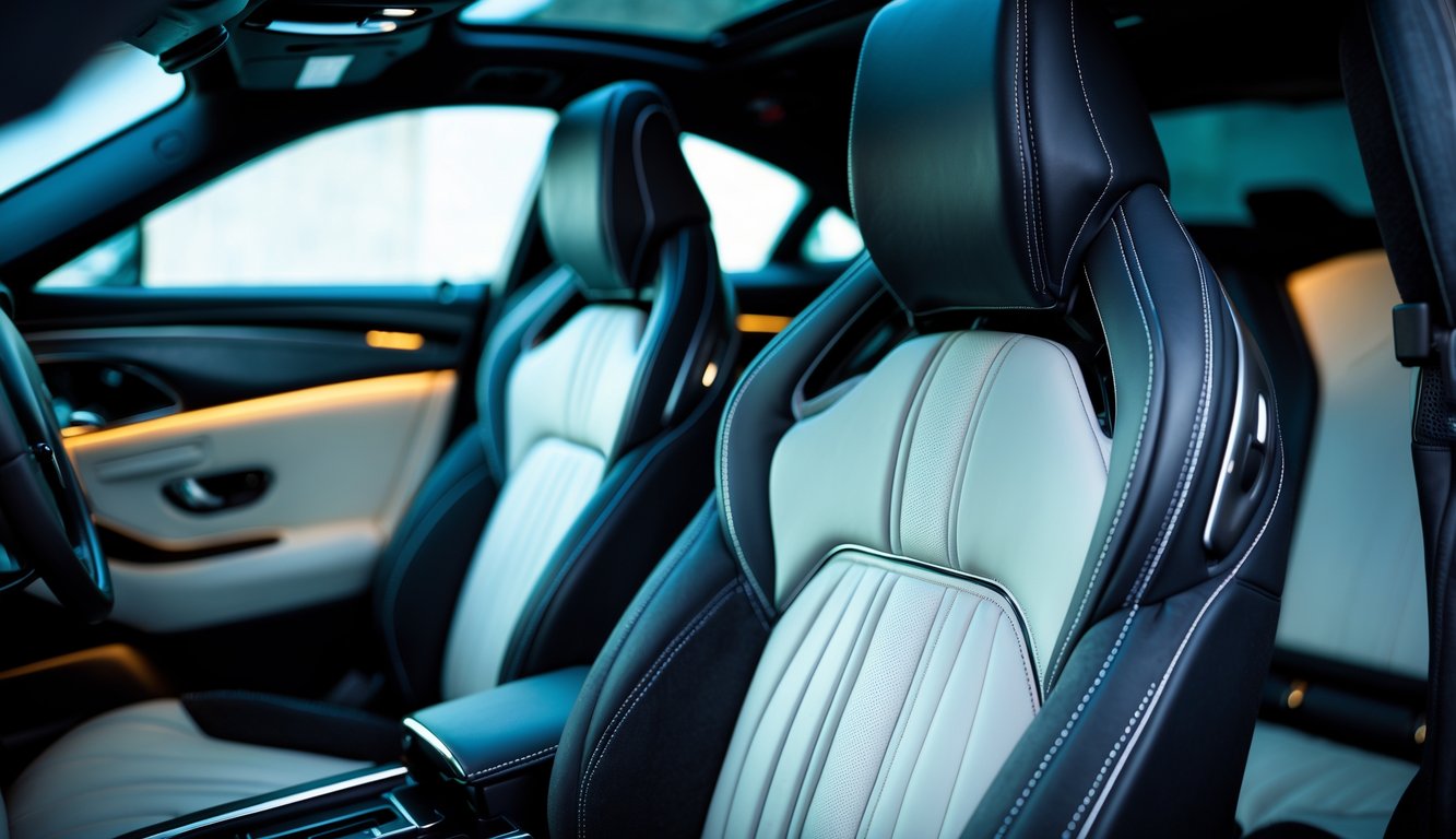 Interior mobil mewah dengan penutup jok mobil yang elegan dan detail jahitan terlihat jelas.
