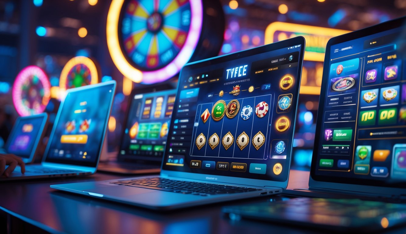 Beberapa perangkat menampilkan berbagai permainan online langsung yang beragam dengan suasana yang dinamis dan menarik.