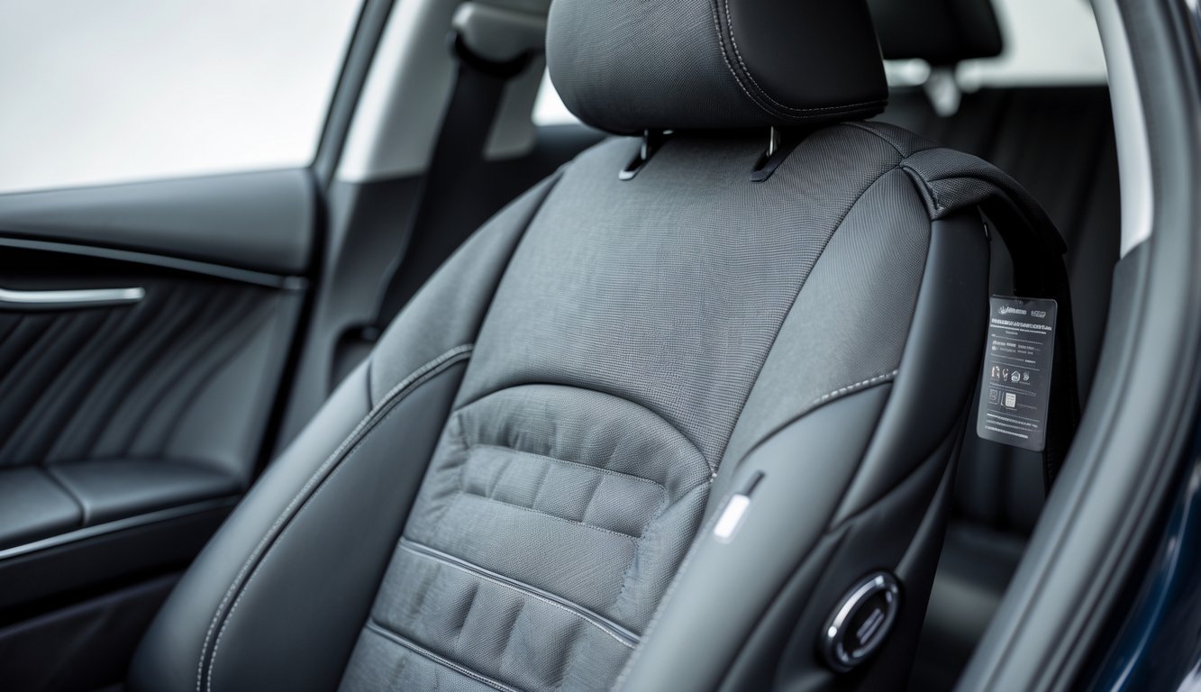 Cover jok mobil premium yang dipasang pada kursi mobil dengan latar interior mobil yang bersih dan modern.